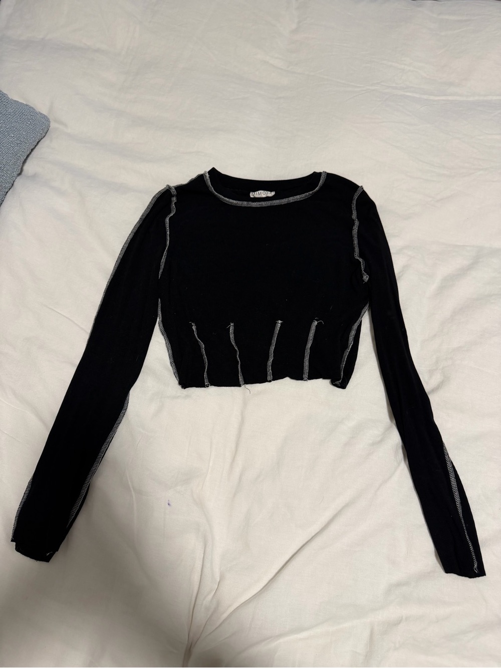 Black Long-Sleeve Cropped Tee with Contrast Seam Detail